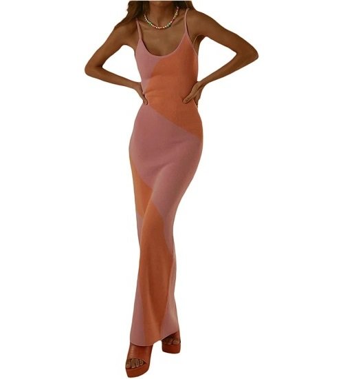 Women's Sexy Knit Skinny Sleeveless Spaghetti Strap Maxi Dress Backless Beach Dress