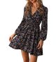 Womens V Neck Floral Dress Long Sleeve