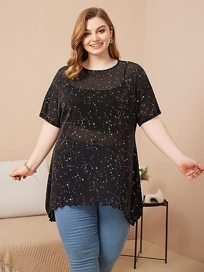 Women's Plus Size Star Print Mesh Glitter Round Neck Short Sleeve Oversized Tee Top