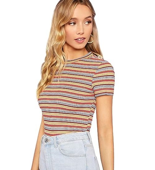 Women's Casual Multi Striped Ribbed Short Sleeve Solid Tee Knit Top