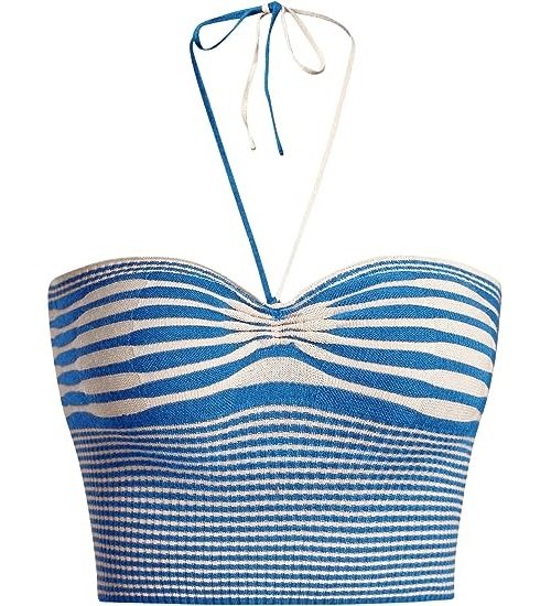Women's Striped Tie Backless Halter Top Sleeveless Knitted Crop Cami Tank