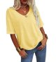 Women V-Neck Half Sleeves Oversized T Shirt Solid Casual Loose Basic Tops