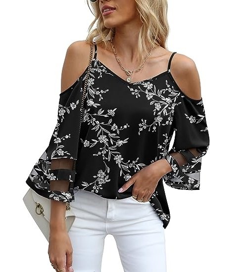 Women‘s Summer Cold Shoulder Tops Mesh Panel 3/4 Bell Sleeve Tees Adjustable Spaghetti Strap Loose Fit Shirts