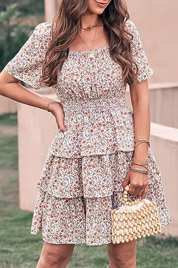 Women's Floral Summer Short Dress Square Neck Short Sleeve Tiered Ruffle Boho Swing Dresses